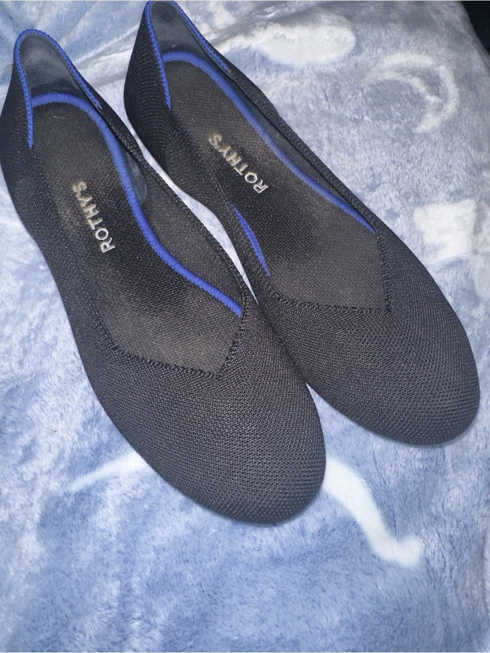 Rothy's Black Knit Flats with Blue Trim